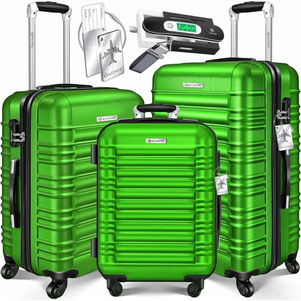 Set di 3 Valigie Rigide, Trolley da Viaggio con Bilancia e Etichette, Chiudibili a Chiave, Verdi, M-L-XL