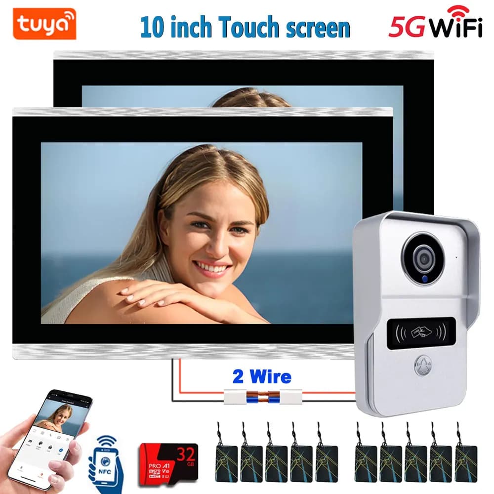 Videocitofono Smart Tuya 1080P 5G WiFi a 2 Fili con Schermo Touch da 10 Pollici, 32G, Sblocco tramite APP, Scheda IC e NFC, 1V1/1V2