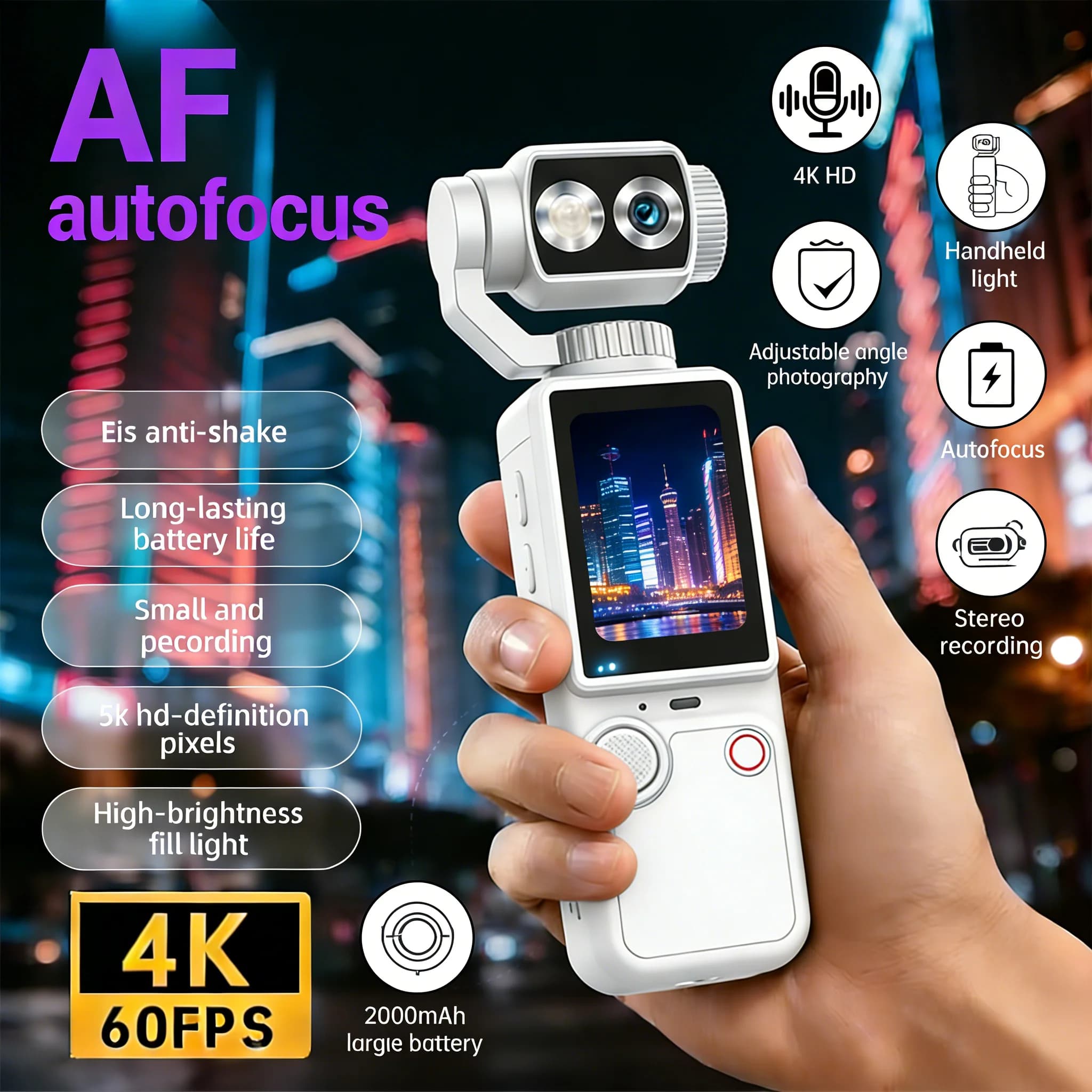 4K Vlog camera with touchscreen, portable, pocket-sized, sporty, with 180° lens, tiltable palm stabilizer with universal bracket and filling light.