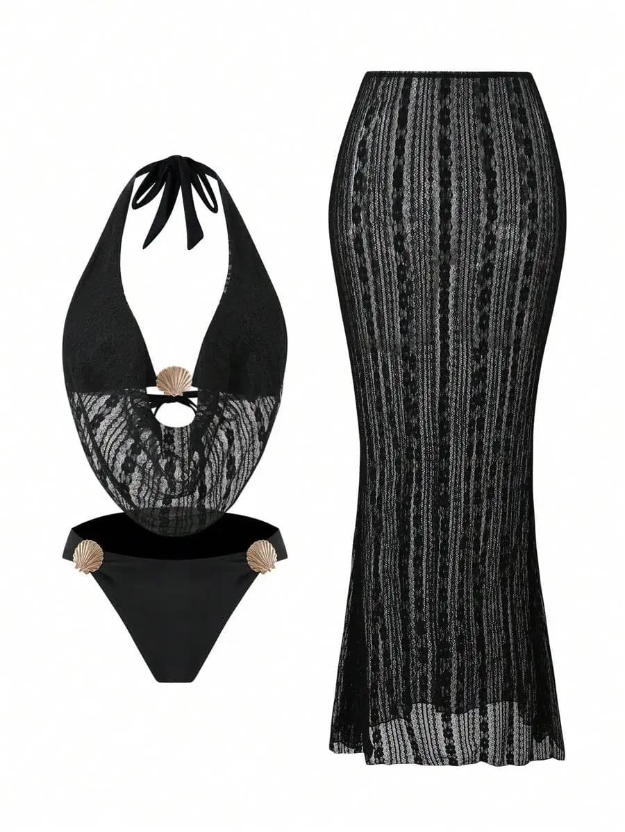 Costume da bagno da donna in pizzo con laccetti e gonna lunga, decorato con conchiglie