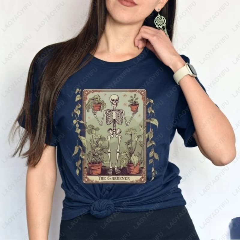 Gardener Skeleton Plant Lover Tarot Card Gift Tshirt Men Women Creative Novelty Graphic Printed Tees Vintage Funny Cotton Tops