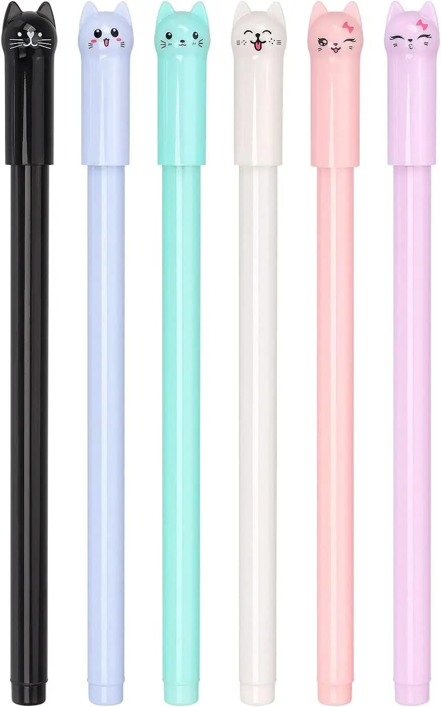 6 Pack Colorful Cat Pens Kawaii Gel Pens 0.5mm Black Ink Ballpoint Pens for School Supplies