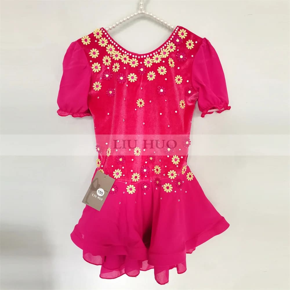 LIUHUO Pattinaggio di Figura sul Ghiaccio Vestito da Donna Aldult Ragazza Personalizza Costume Prestazioni Competizione Danza Adolescenti Fiori Rossi Body Bambini