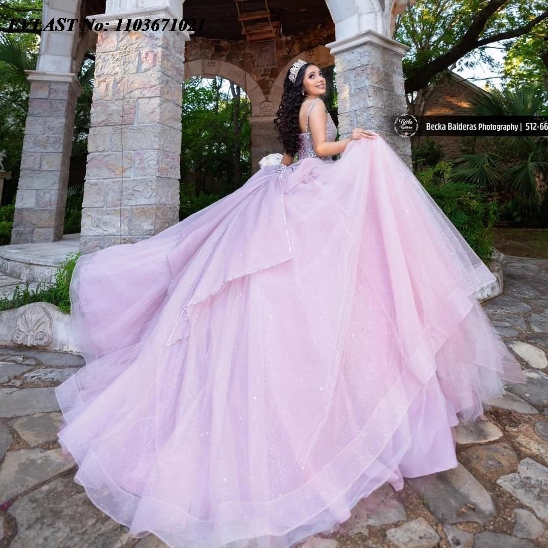 EVLAST Personalizzato Rosa Abito Quinceanera Abito di Sfera Lucido Applique di Pizzo Che Borda Con Arco Corsetto Dolce 16 Abiti De Anos SQ365