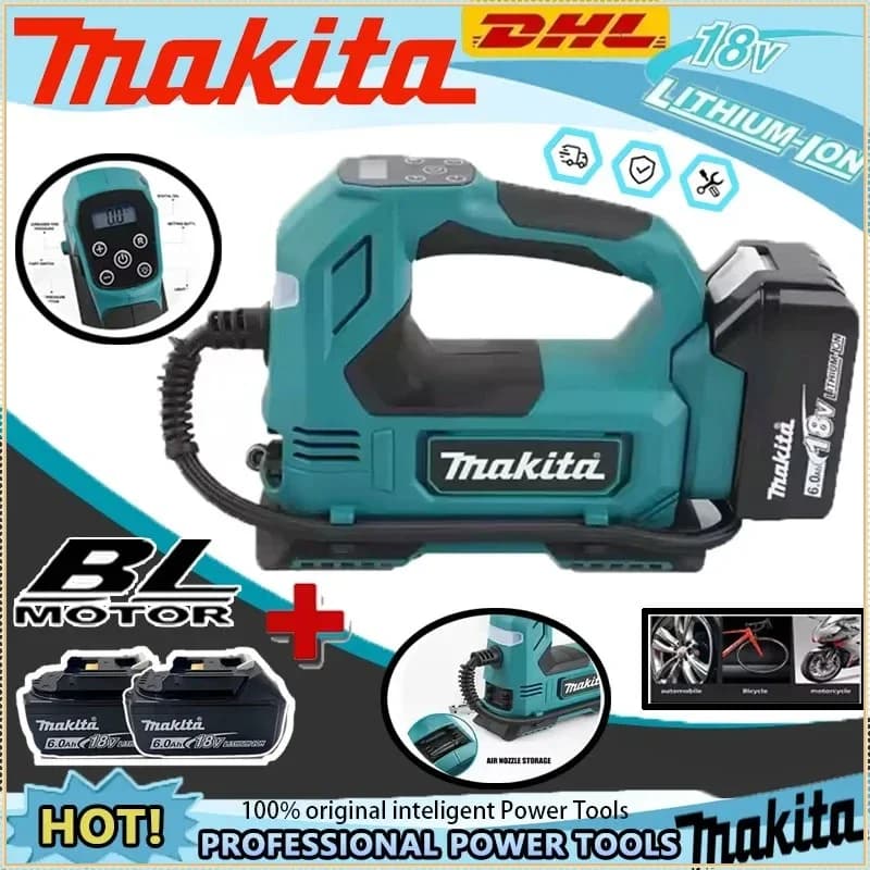 Pompa ad aria senza fili Makita 18V brushless: Gonfiatore portatile per pneumatici con display digitale per auto e moto
