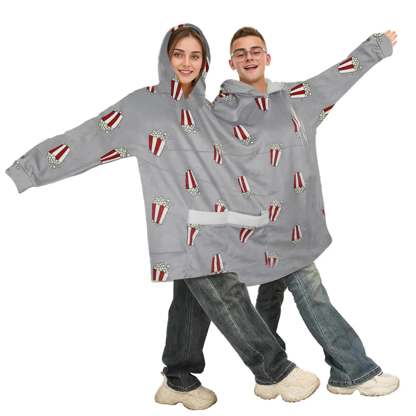 Pigiama per coppie abbinato con stampa popcorn Felpe con cappuccio Coppia divertente Tutina per due persone Coperta di flanella per adulti Bf e Gf