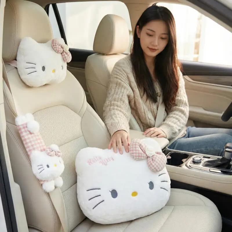Anime Hello Kitty Car Safety Belt Cover Plush Sanrio Cartoon Headrest Neck Adjustable Seat Belt Cover Shoulder Strap Cover Gift