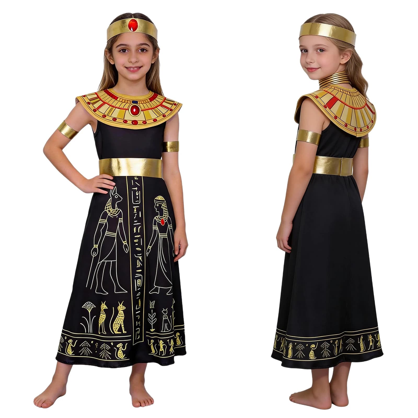 Girls Cleopatra Egypt Queen Cosplay Costume Sleeveless Dress with Neckwear Belt Wrist Bands Headband for Halloween Carnival