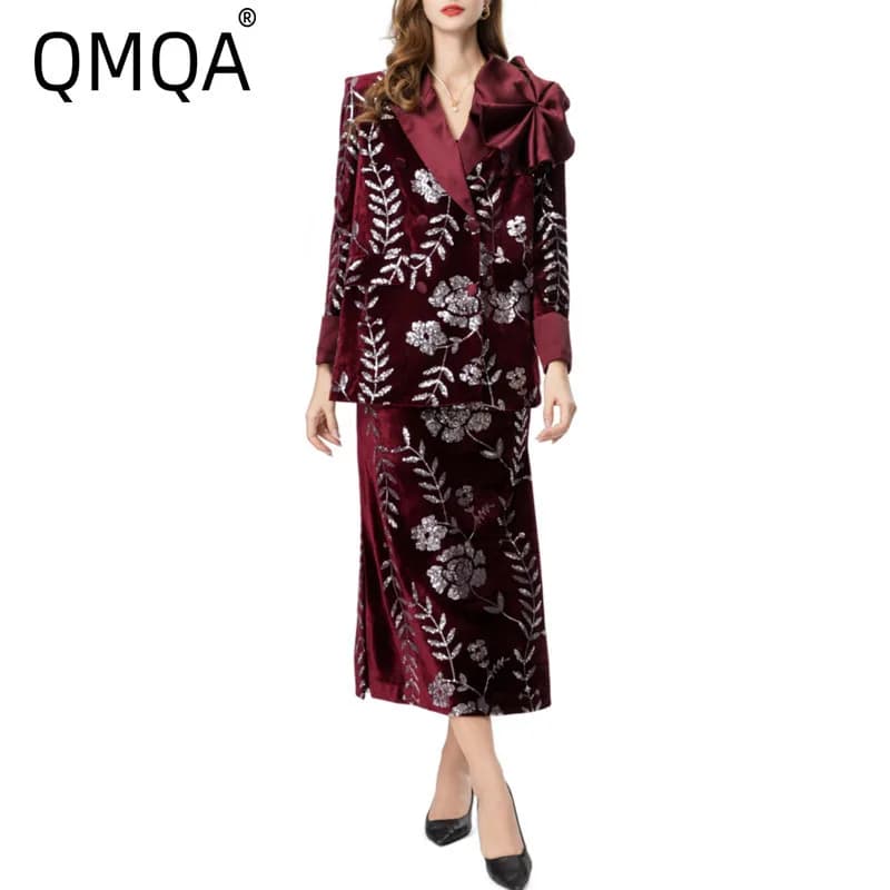 QMQA Fashion Women's Sequin 3D Flower 2 Piece Set Double-Breasted Spliced Flowers Top Slit Pencil Skirt Wine Sets 2025 New QM892