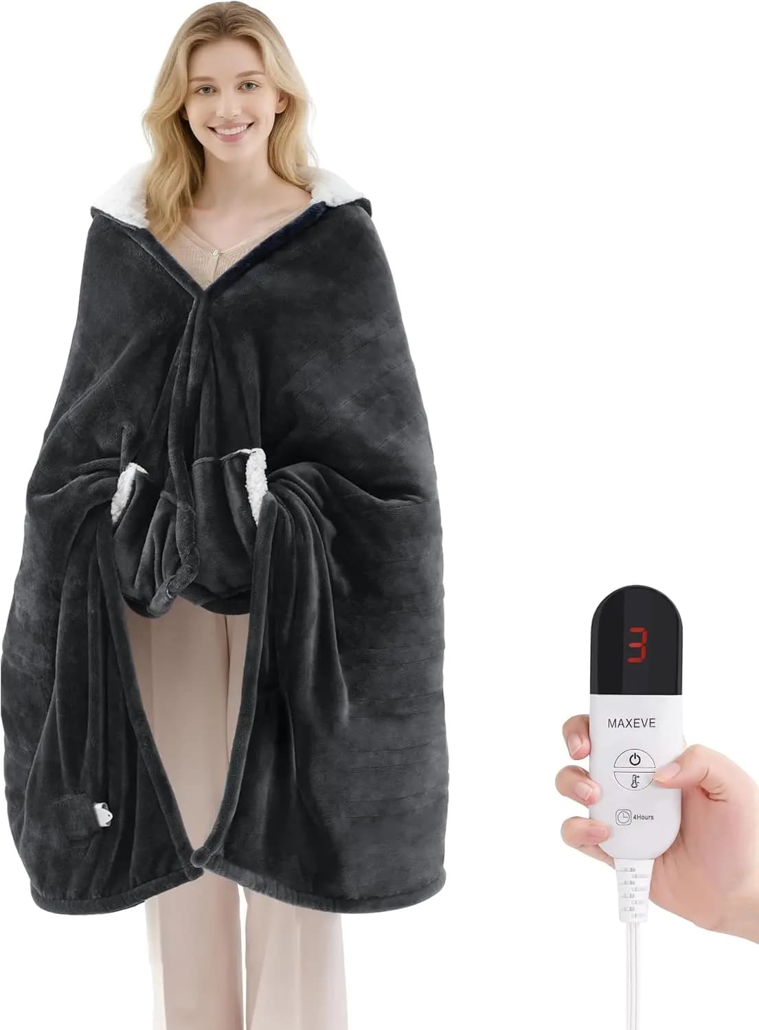 Coperta riscaldata elettrica indossabile con cappuccio, tasche, 6 livelli di calore e spegnimento automatico, lavabile in lavatrice in grigio corto