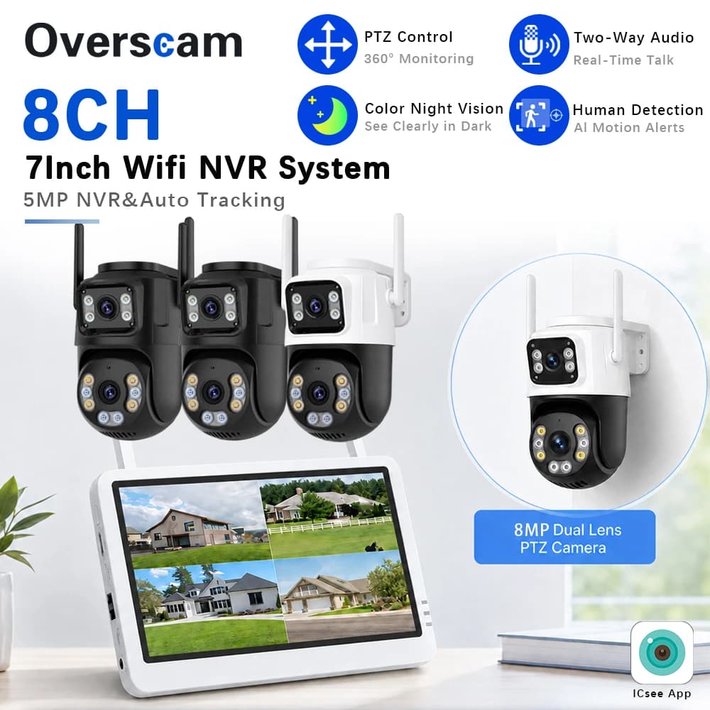 7 Inch Screen NVR 8CH Wireless NVR 8MP Dual Lens Camera Security WIFI System Kit H.265 Surveillance CCTV Audio Video Recorder
