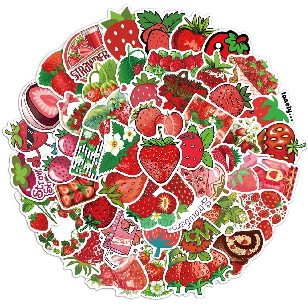 50 aesthetic stickers with strawberries, adorable cartoons, diy toys, gift, decorative decal for scrapbooks, junk magazines, laptop bottle