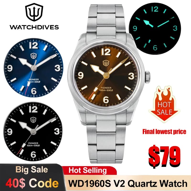 Watchdives WD1960S V2 Quartz watch VH31 Sweep Movement NEW 6.5 mm Sapphire crystal Luxury watches Waterproof men's watches 100 m