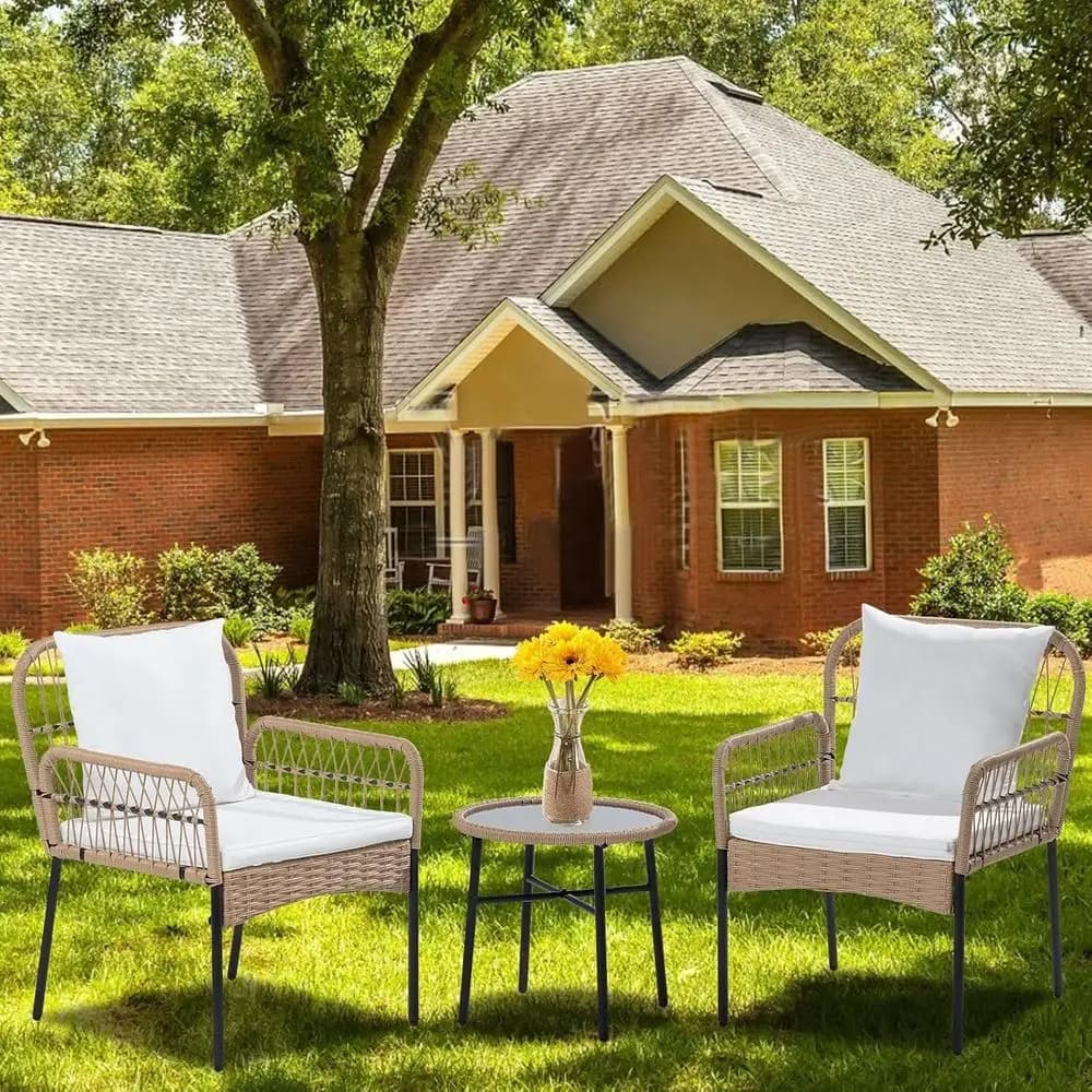 Set of 3 Chairs Rattan Style Boho for Exterior with White Bearings for Garden, Balcony or Courtyard