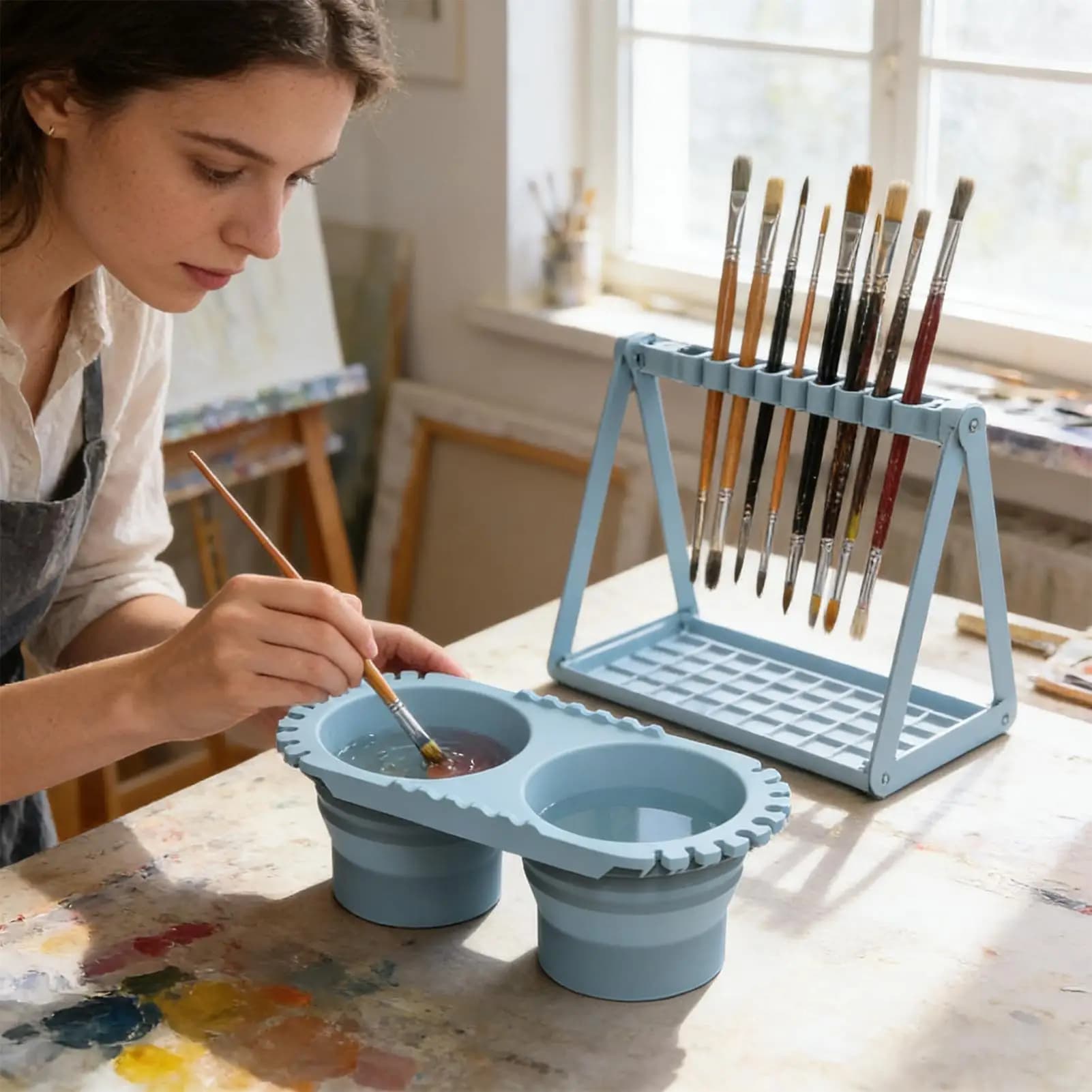 Secchio Pieghevole 3 in 1 per Lavaggio Penne, Secchio in Silicone per Acqua e Pigmenti, Miscelatore di Colori e Lavapennelli