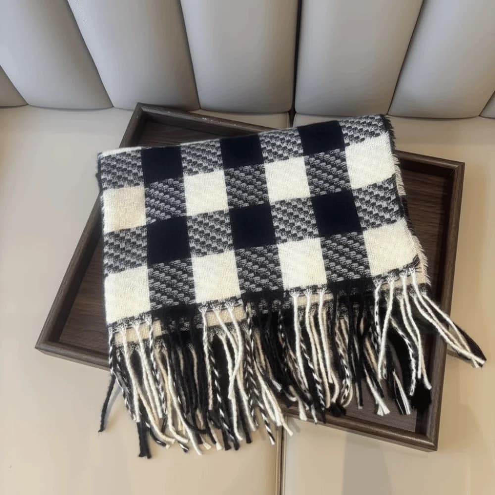Elegant Checkered Wool Tassel Scarf Korean Style Coldproof Winter Cashmere Scarves Thicken Long Women Cashmere Shawl Female
