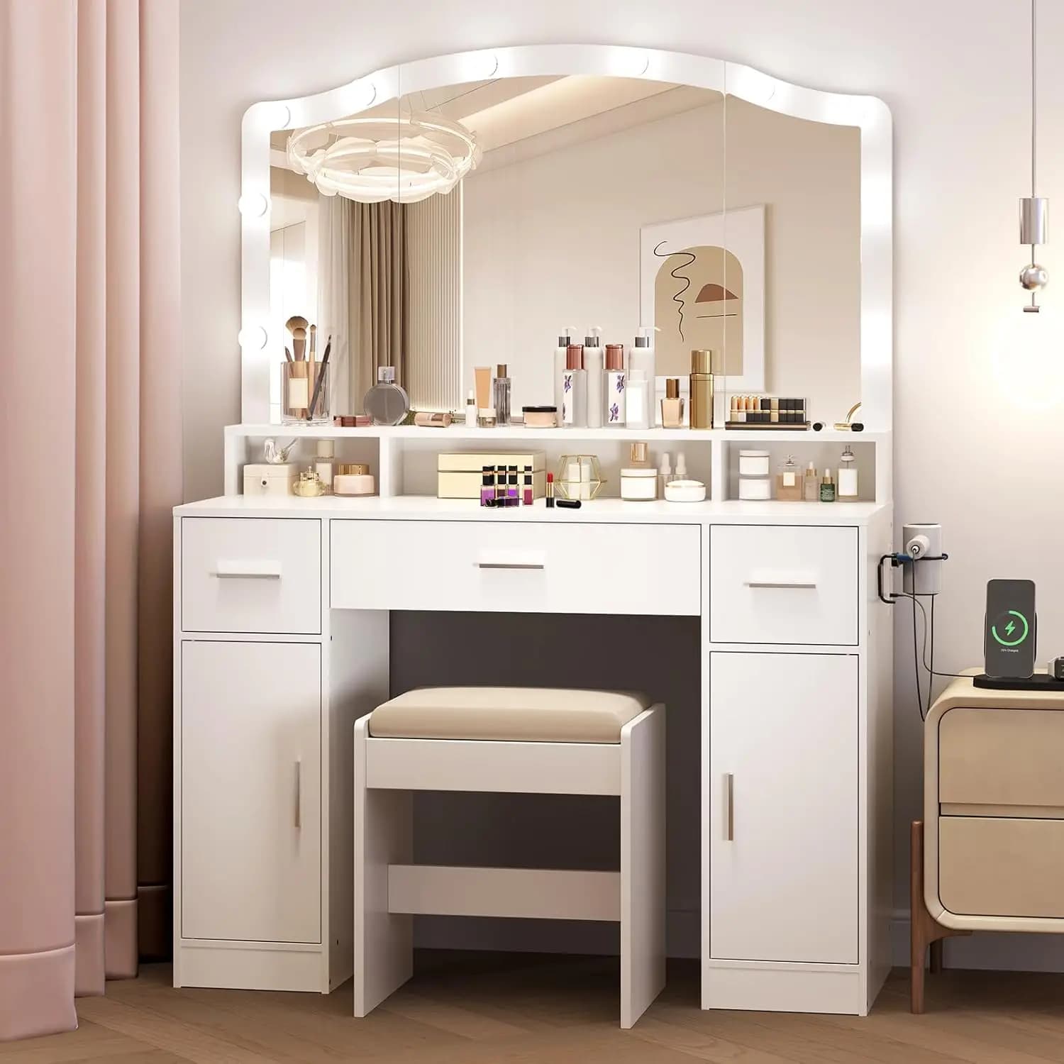 Toeletta Bianca con Luci LED e Sgabello, 3 Cassetti, 2 Armadietti, Ripiano Lungo, Organizzatore per Camera da Letto, Personalizzabile