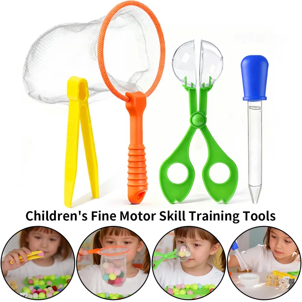 Children 4 Pcs Sensory Bin Tools Fine Motor Training Toy Plastic Tweezers Ball Clip Fishing Net Dropper Preschool Learning Toy
