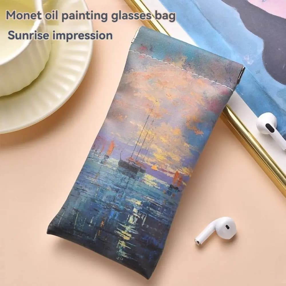 Custodia per occhiali da sole in pelle PU Monet Pittura a olio Impression Sunrise Custodia per occhiali Chiusura automatica Copertura per occhiali impermeabile