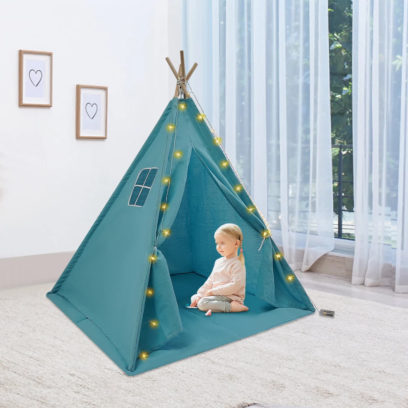 Tenda per bambini da 120 * 120 * 140 cm Tenda da interno con tenda leggera per bambini con tappetino e stringa di luci Tenda per bambini per 1-12 anni