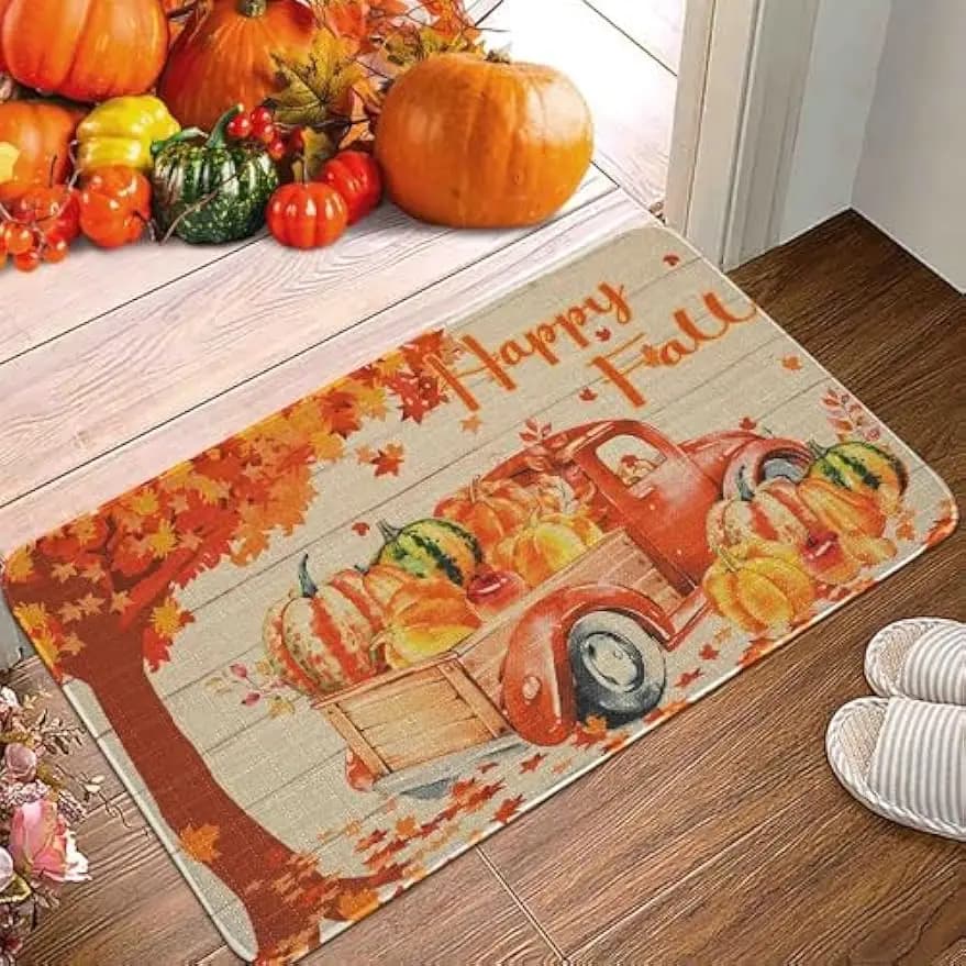 Pumpkin Decorative Door Mat, Autumn Thanksgiving Pumpkin Farmhouse Outdoor Indoor Patio Entrance Door Mats Low Profile Non Slip