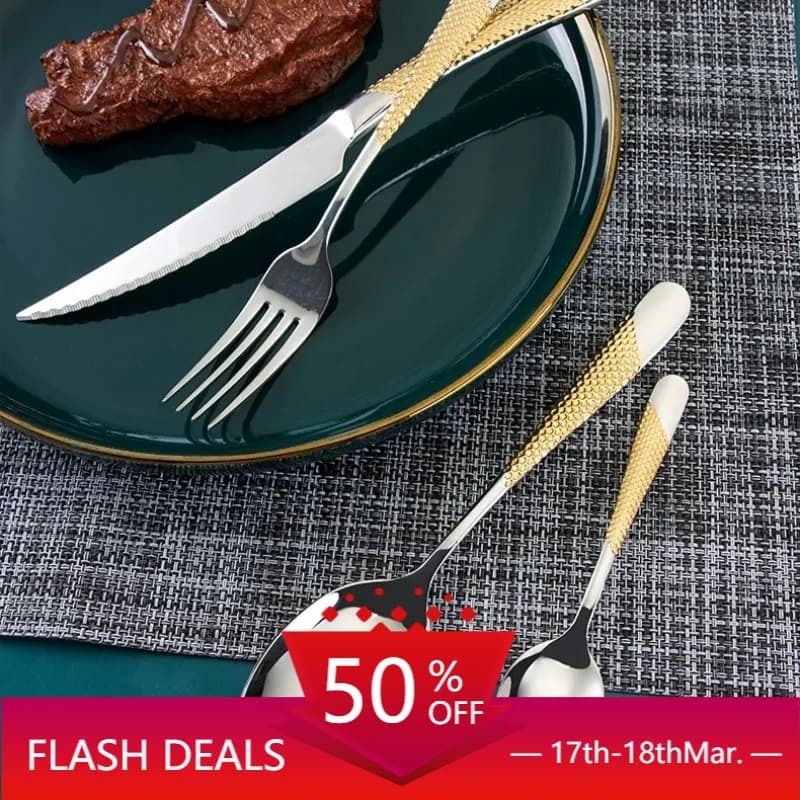Stainless Steel Steak Knife Fork Spoon Set 304 Kitchen Flatware 4 Piece Dinnerware Gift for Home Restaurant Hotel Silver
