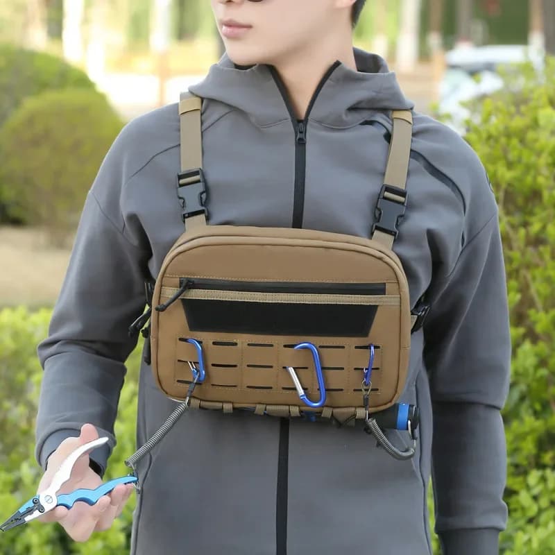 Borsa tattica per gilet da pesca Borsa per attrezzatura toracica con supporti per aste Borsa multifunzionale sportiva Oxford impermeabile Molle per attrezzatura per pesci