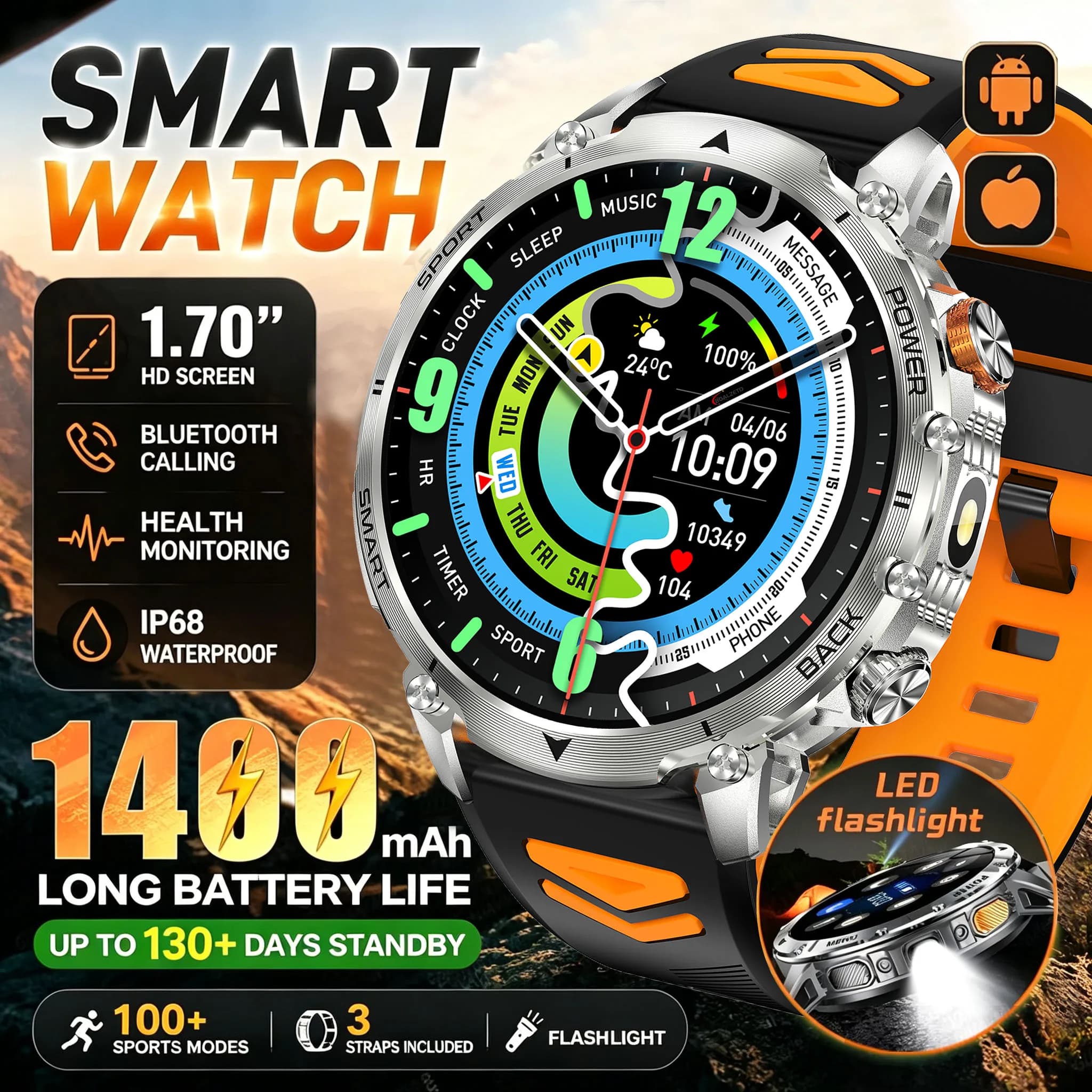 2026 New outdoor LED flashlight Hot Men Smartwatch 1400 mAh BT call GPS Sport IP68 Waterproof Fashion Smartwatch For Android IOS