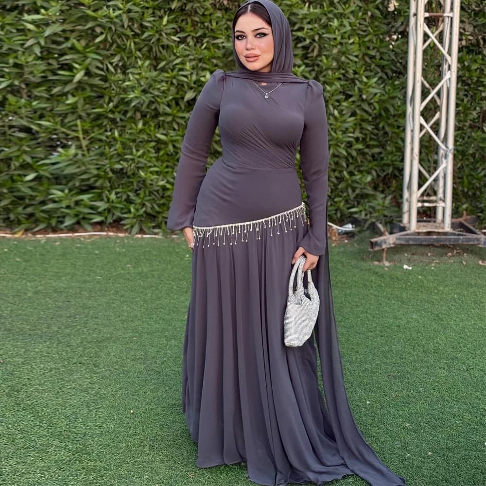 Abito da sera hijab vintage personalizzato con perline nappa abito da ballo musulmano o collo maniche a campana abito da sirena Abiye