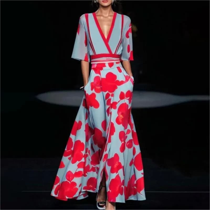 Moda donna 2024 Primavera scollo a V con cintura abito lungo da festa stampa sexy A-Line Boho abito estivo manica corta tasca maxi abiti