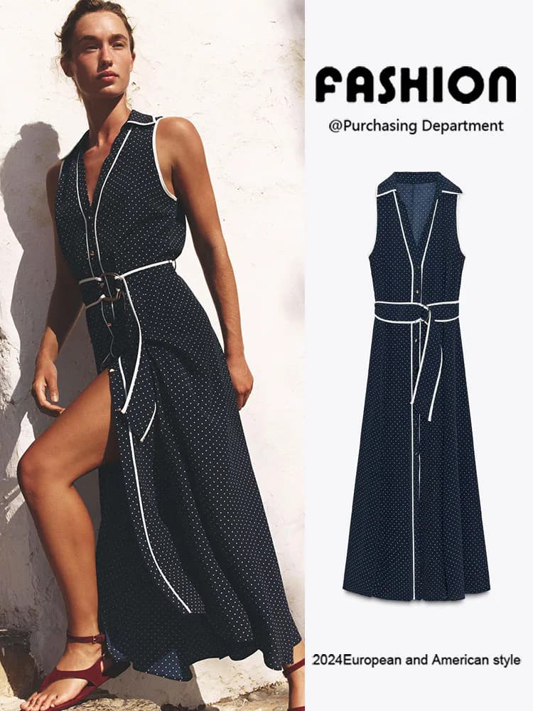 Nuova Collezione Estiva alla Moda: Gonna Midi da Donna con Scollo a V a Pois, Elegante Stile Chinoiserie a Blocchi di Colore