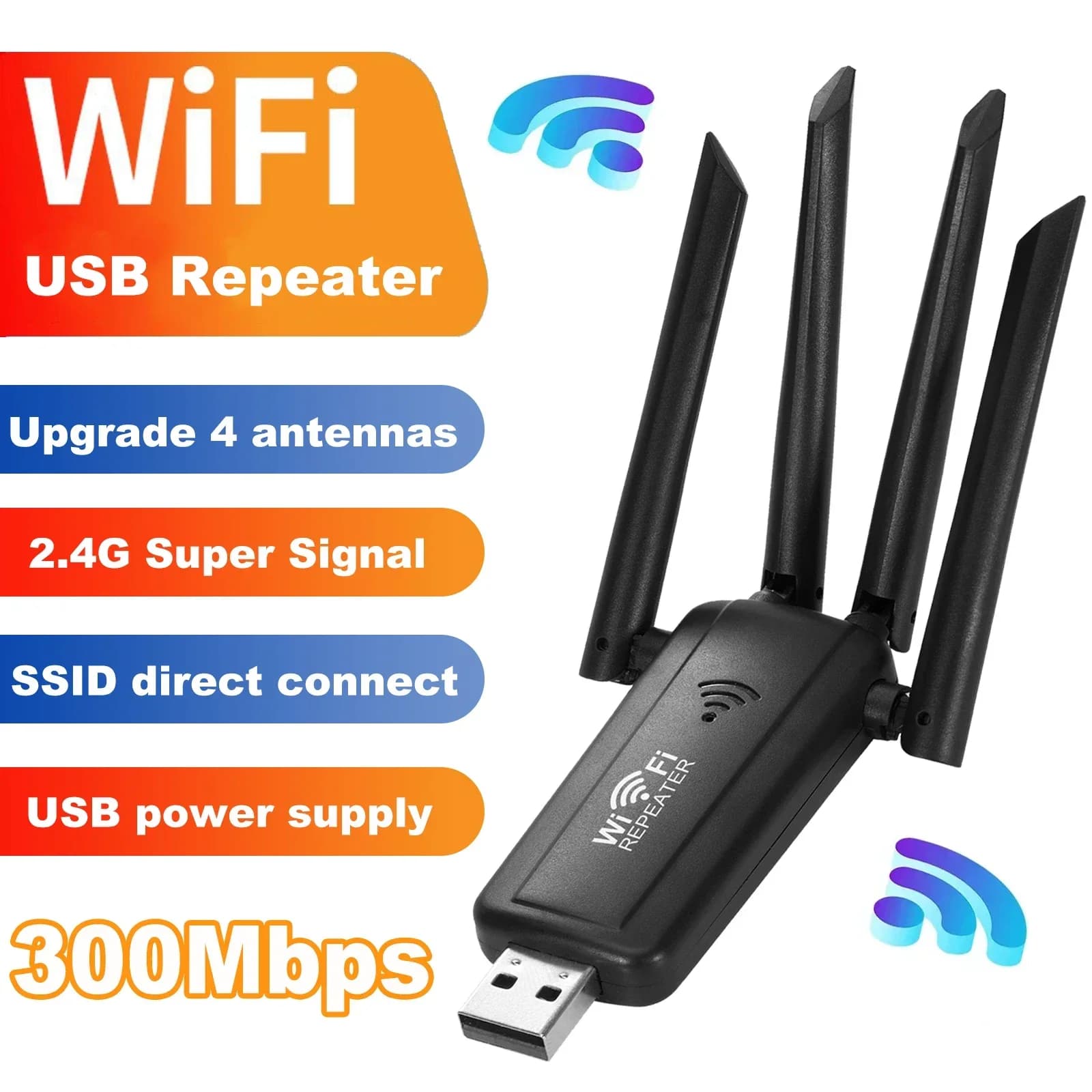 Ripetitore WiFi USB Estensore segnale wireless Router 2.4G 300Mbps Ripetitore Wifi Amplificatore Wifi a lungo raggio per punto di accesso PC portatile