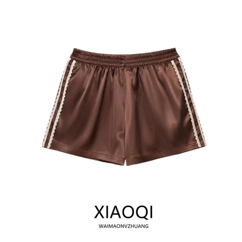 Spring 2025 Women's Versatile Lace Trim Silk Satin Feel Casual Shorts Natural Waist Short Length Other Material 100%