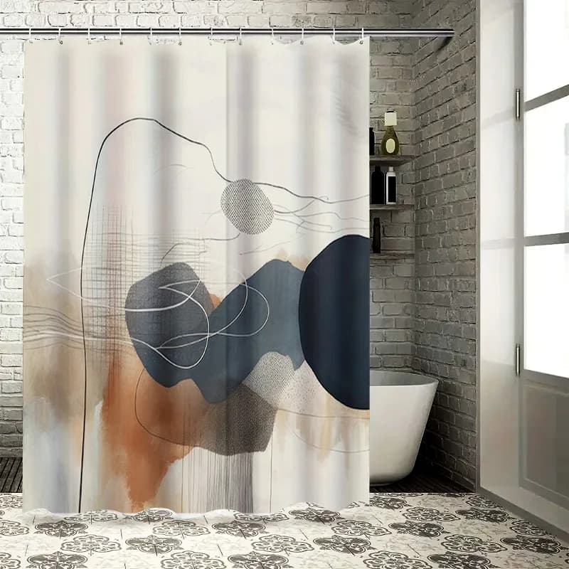 Tenda da doccia artistica bianca nera per arredamento bagno Design geometrico in colori beige, marrone, grigio blu navy (180 x 240 cm)