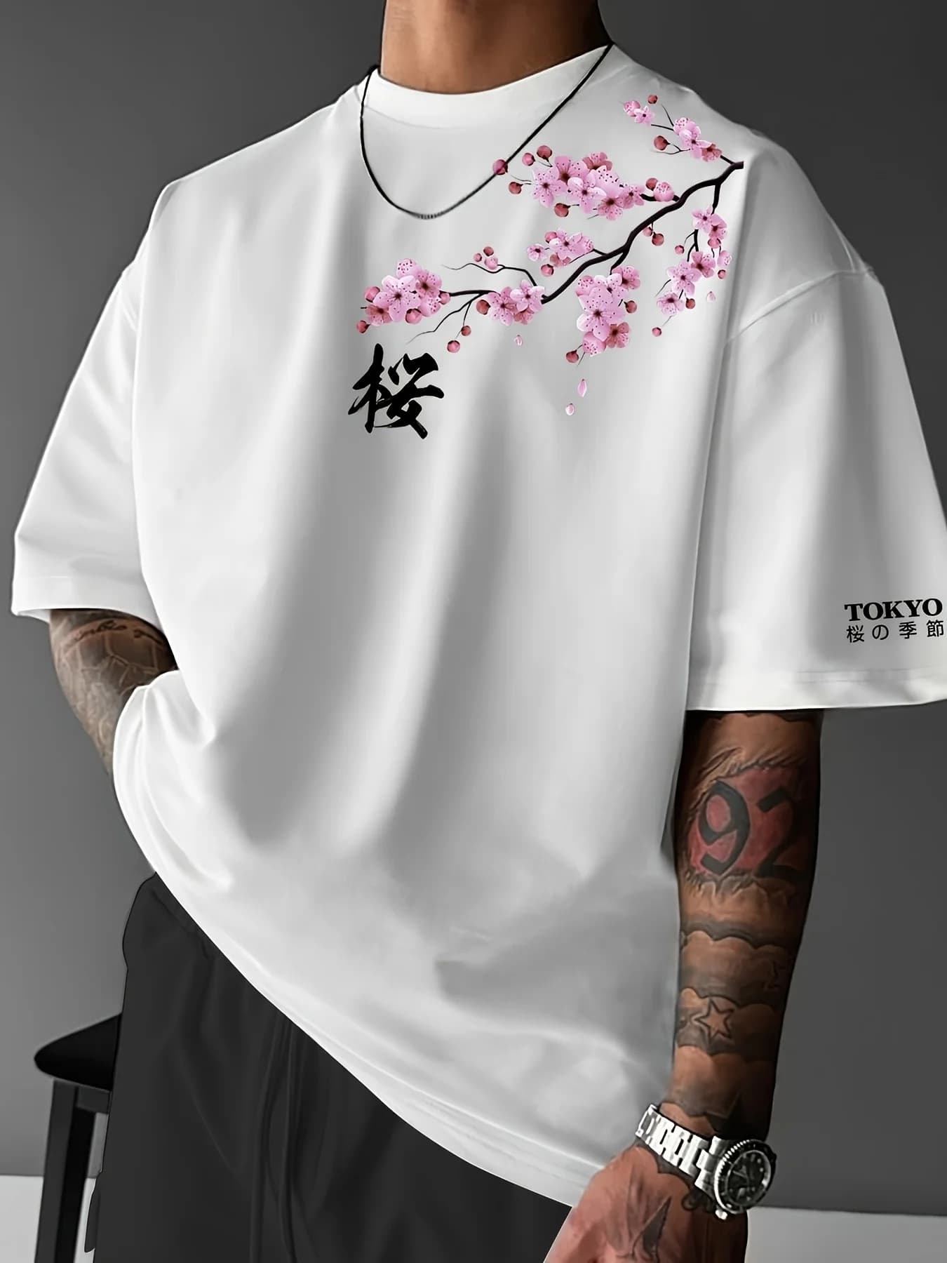 Summer Men Cherry Blossom Pattern Japanese Style Loose-Tee Shirt Suitable for Daily Wear Material Trendy Versatile