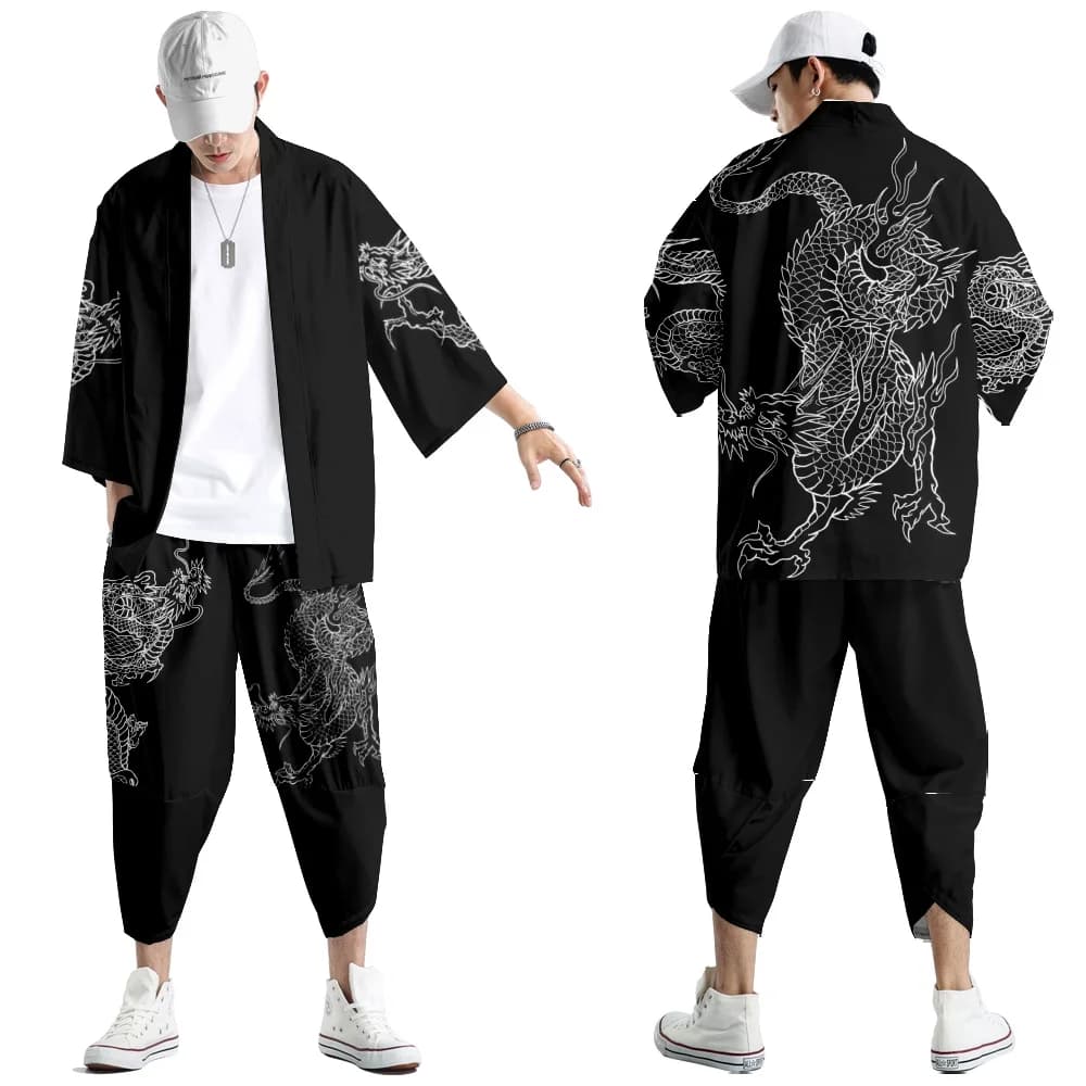 Tops e Abiti Harajuku, Moda Asiatica, Kimono con Stampa Drago Anime + Pantaloni, Streetwear Giapponese, Cardigan Cosplay Haori per Uomo e Donna