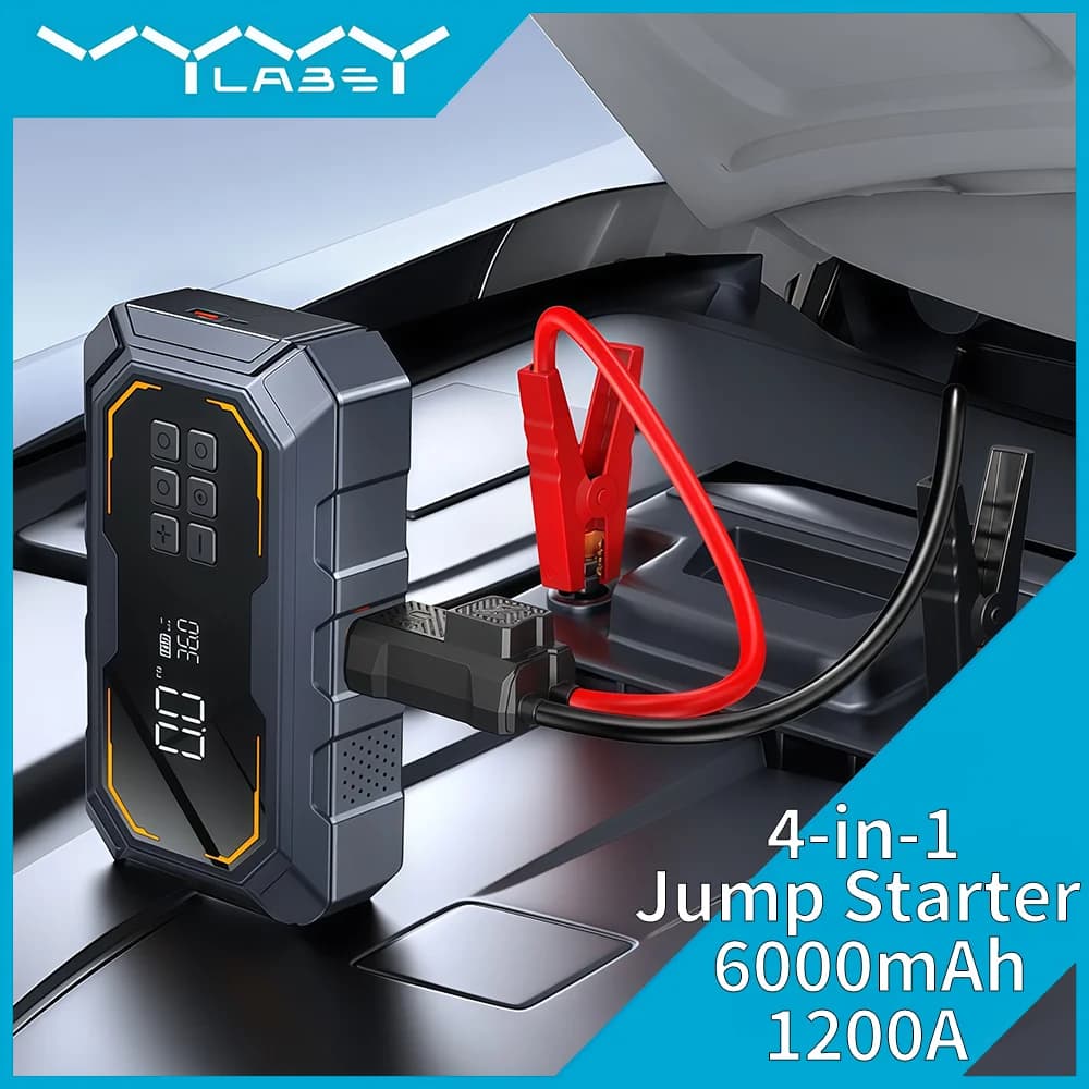 Avviatore d'Emergenza 4 in 1 per Auto 1200A 6000mAh con Illuminazione, Gonfiaggio e Ricarica per Veicoli Diesel 12V 2.0L e Veicoli a Gas