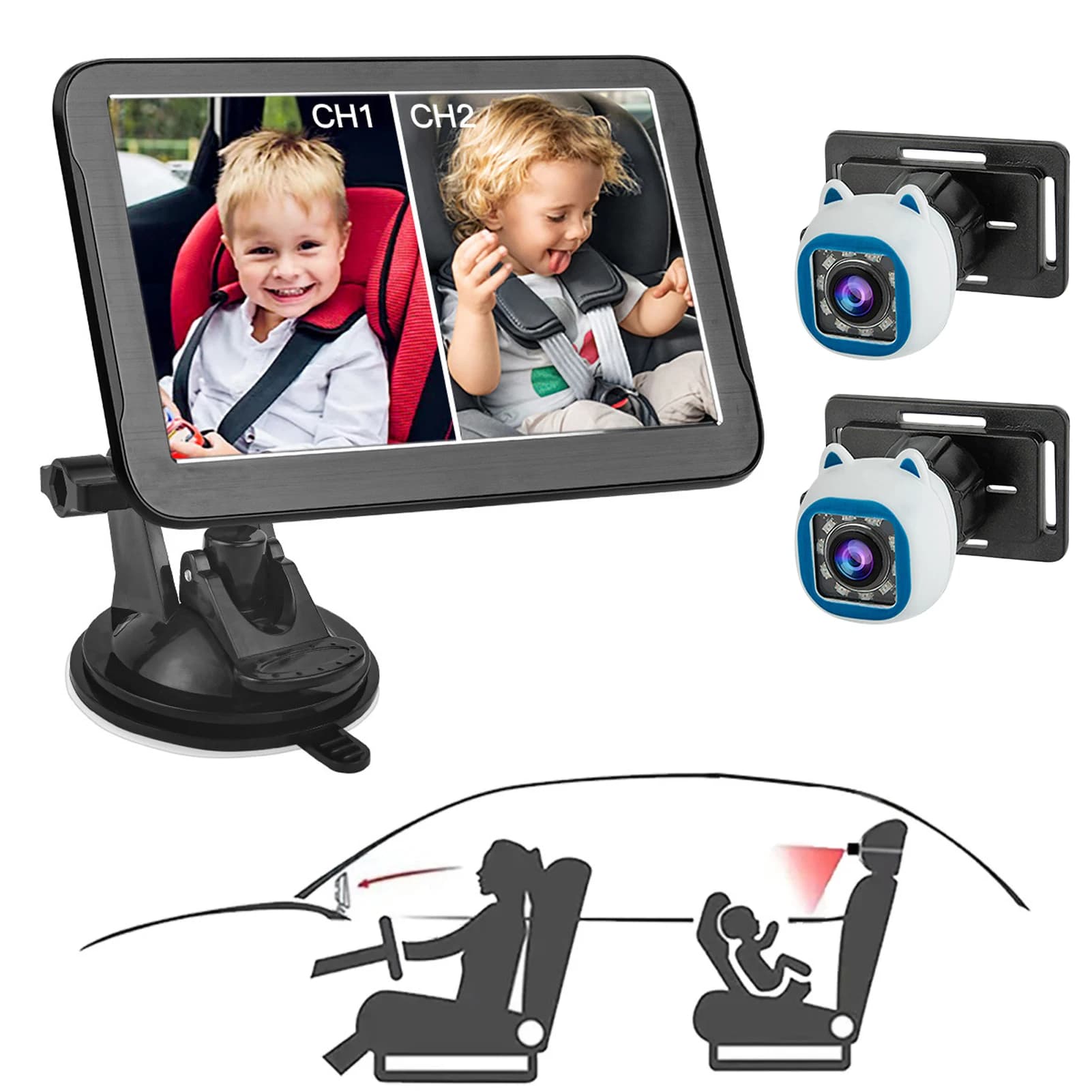 Telecamera per auto per bambini, monitor per bambini a doppio canale da 7 pollici 1080P con telecamere per visione notturna IR, 150 ° Ampio angolo di visione, 8 luci LED