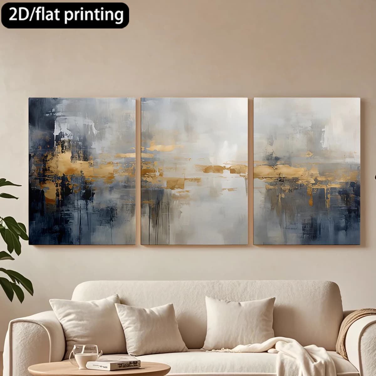 2D flat printing 3pc wooden frame canvas decorative painting Art painting, gold gray tones.Corridor bedroom decoration