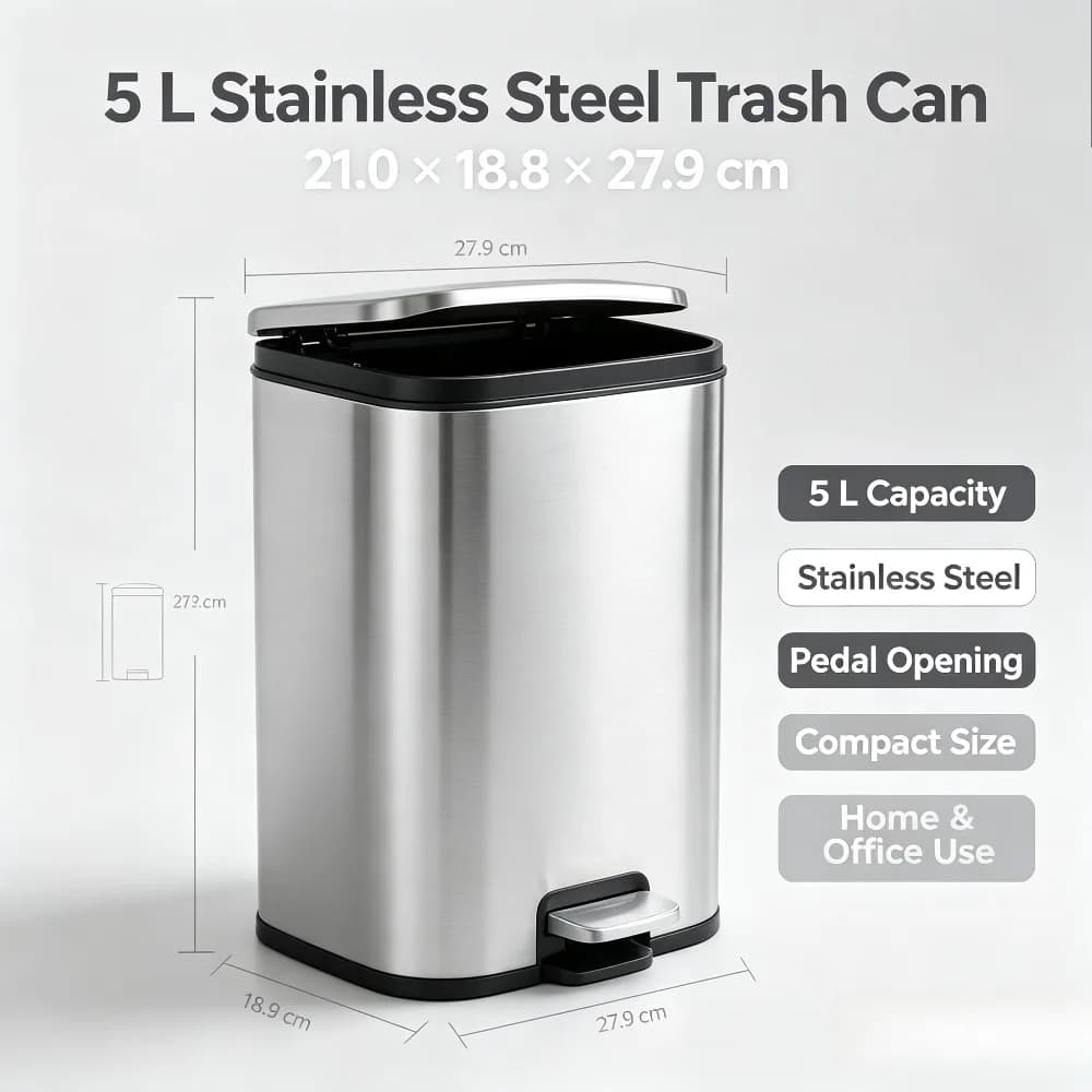 5L Stainless Steel Step Trash Can With Lid And Inner Bucket Silent Close Narrow Bin for Home Kitchen Bathroom Bedroom Kitchen