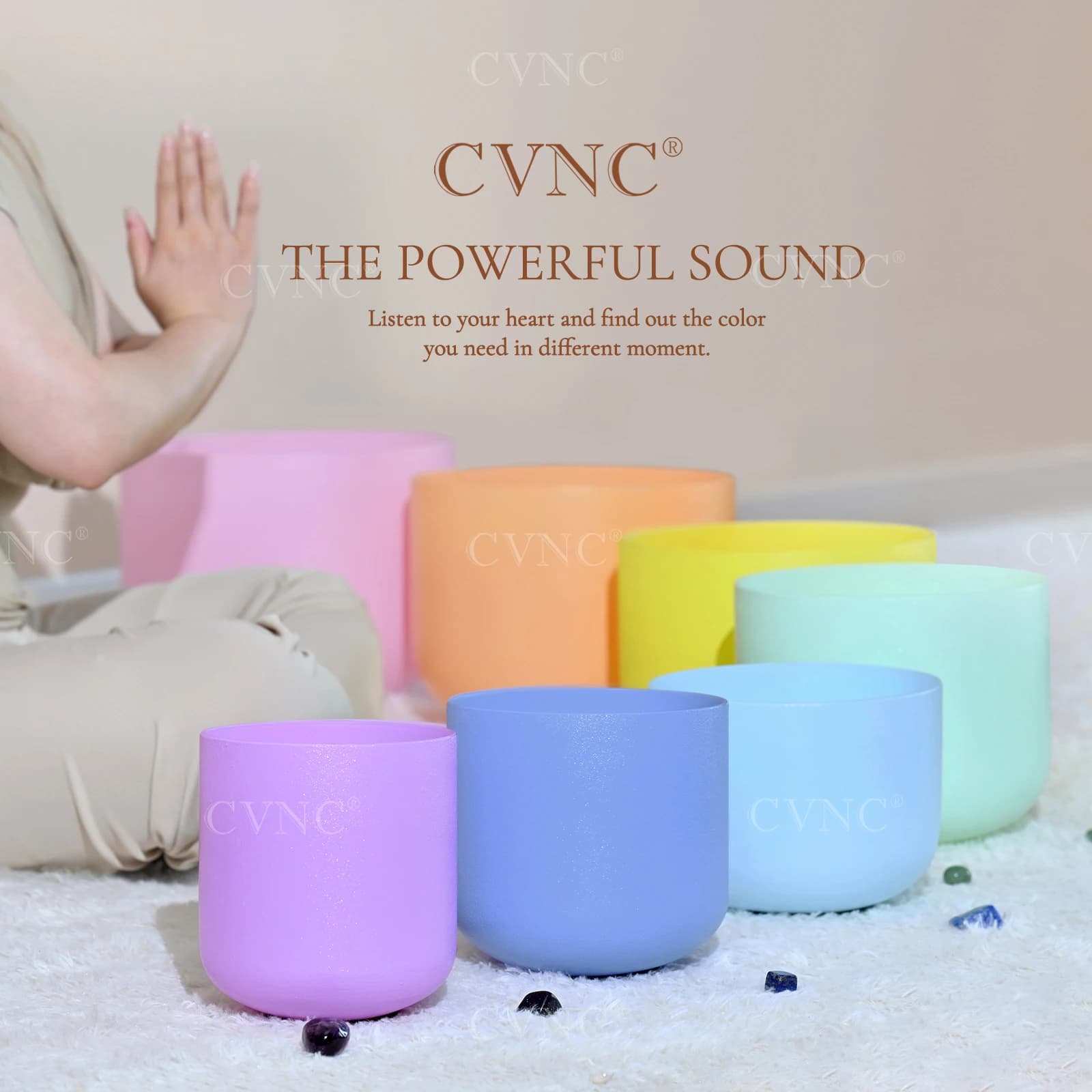 CVNC 6-12" Macaron Artist Pastel Collections Frosted Quartz Crystal Singing Bowls Chakra Set of 7pcs for sound healing with Bags