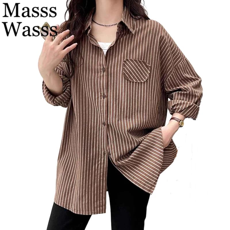 Masss Wasss Korean Spring Women Fashion Casual Striped Shirts 2026 Ladies Loose Classic Cotton Linen Blouses Vintage Luxury Tops