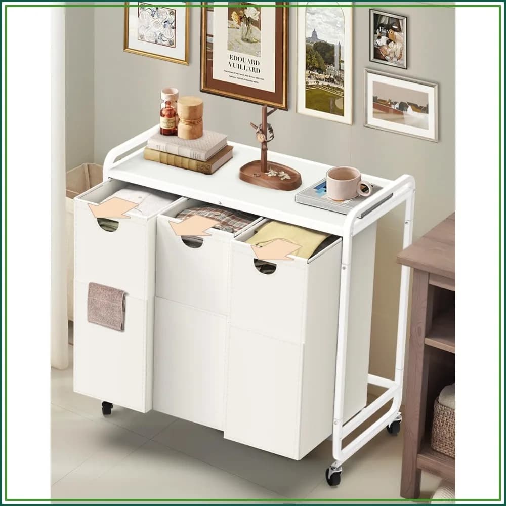 3-Section Laundry Sorter with Wheels, 180L Total Capacity, Removable Bags, Wooden Shelf, Creamy White