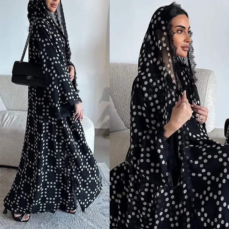Middle East Women's New Polka Dot Chiffon Cardigan Abaya with Headscarf Lace Patchwork Fashion Long Robe