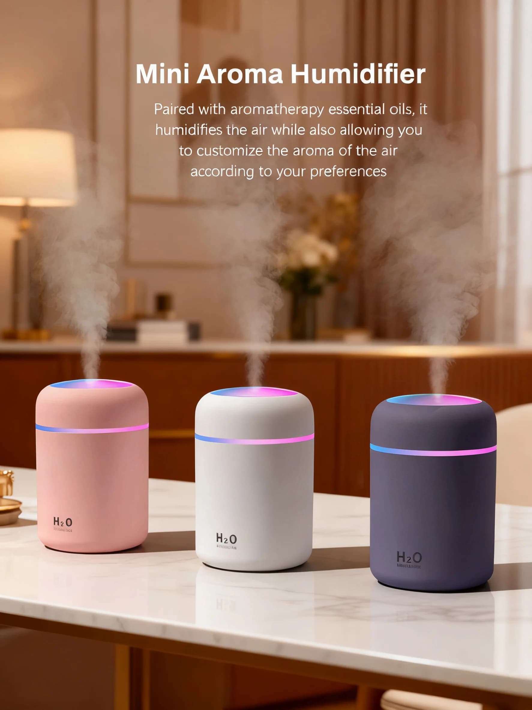 Diffusore di Aromi 300ml Umidificatore Purificatore d'Aria per Auto e Casa con Luce a Sette Colori per Oli Essenziali