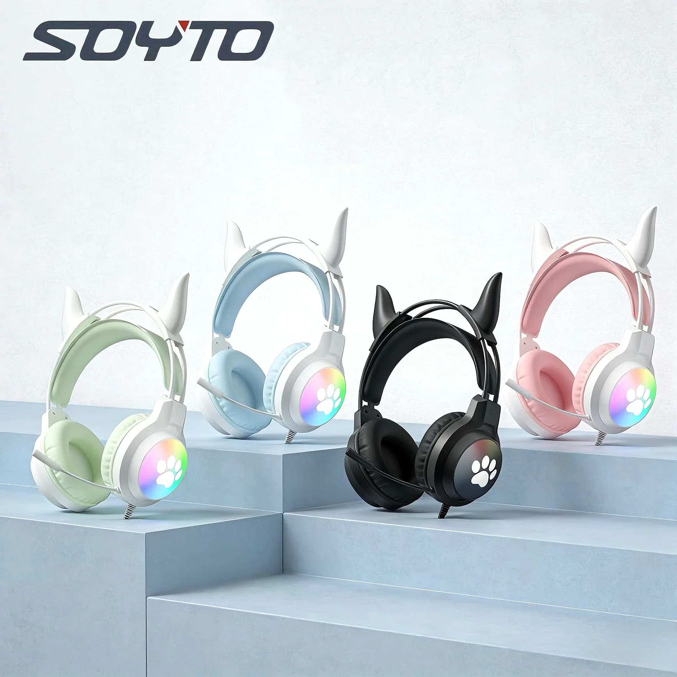 SOYTO G50 New Gaming Headphones Width with Luminous Cat Eyelets, Over-Ear Headphones for PC and Laptop, Professional Gaming Headphones with Microphone