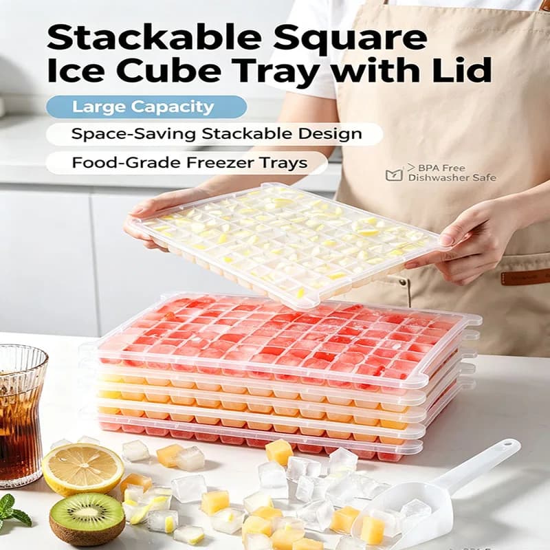Large Capacity Ice Maker Mold Container, Easy Release Square Ice Cube Tray with Cover for Cocktails Drinks