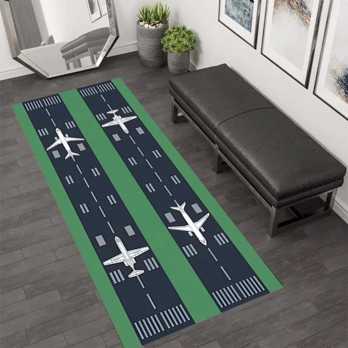 Runway Runner Rug Realistic Airstrip and Taxiway Modern Aviation Carpet for Kids Room Playroom or Airplane Themed Hallway Decor