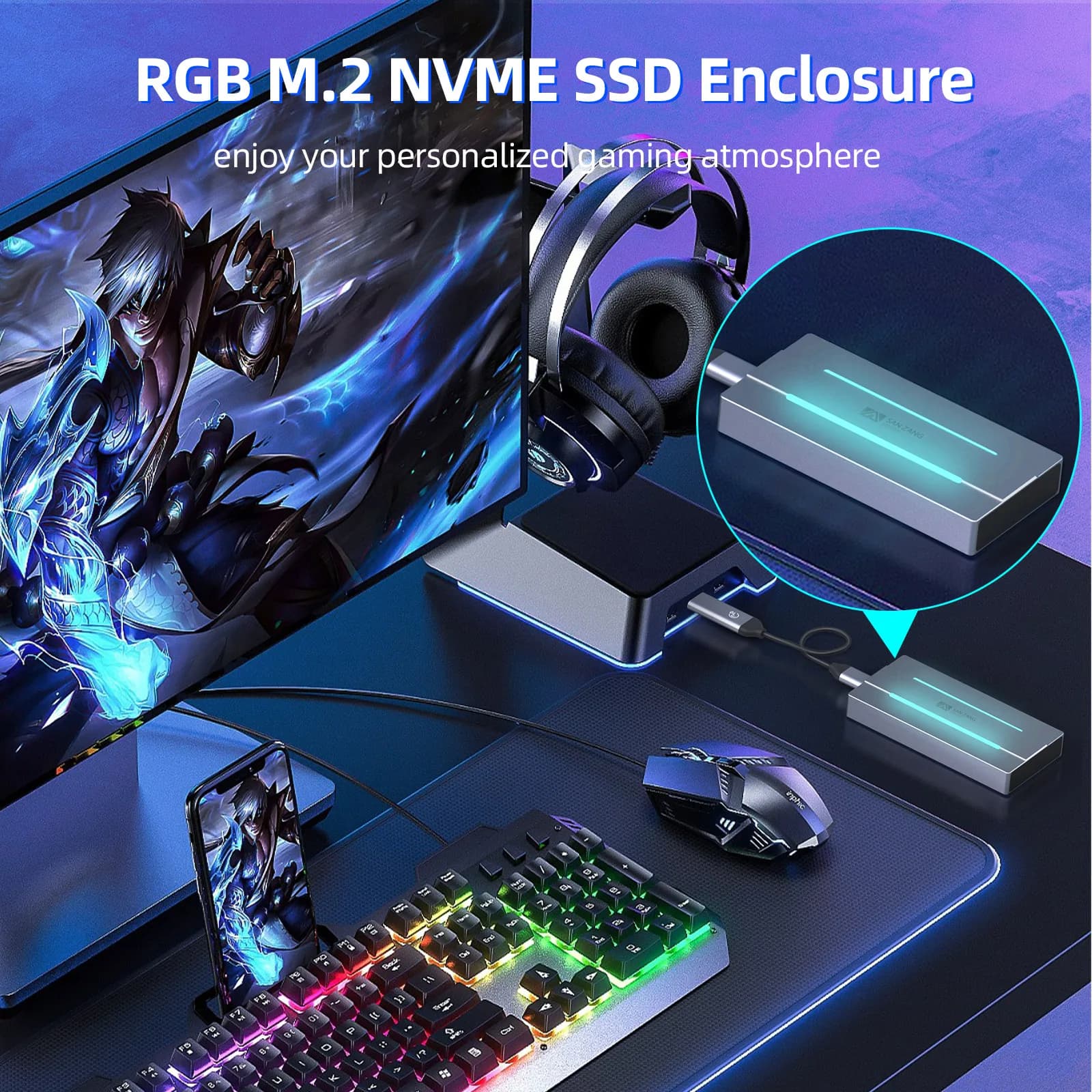 SANZANG RGB M.2 NVMe SSD Enclosure 10Gbps USB 3.1 Gen2 in Alluminio Supporta 2230/2242/2260/2280, B+M Key Doppia USB-A/Type-C con Illuminazione Gaming, Trasferimento Veloce, Dissipazione del Calore, Case Esterno per SSD