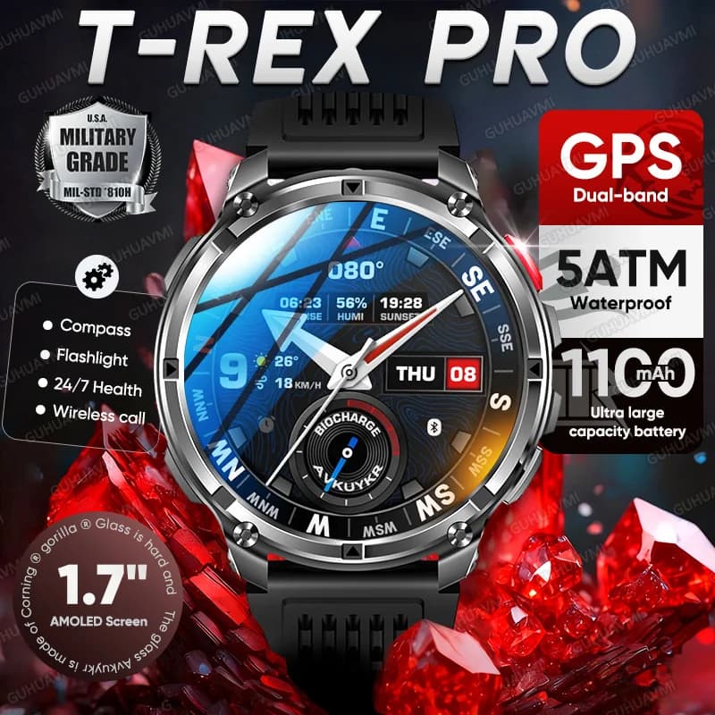 2026 Nuovo T-Rex3 Pro 1100mAh Batteria Astuto Della Vigilanza GPS percorso 5ATM Impermeabile Sport Run tracker All'aperto Bussola Militare Smartwatch